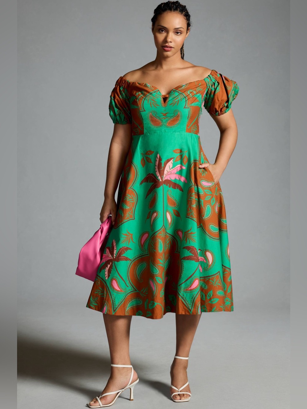 Maeve Green & Brown Off-Shoulder Floral Midi Dress